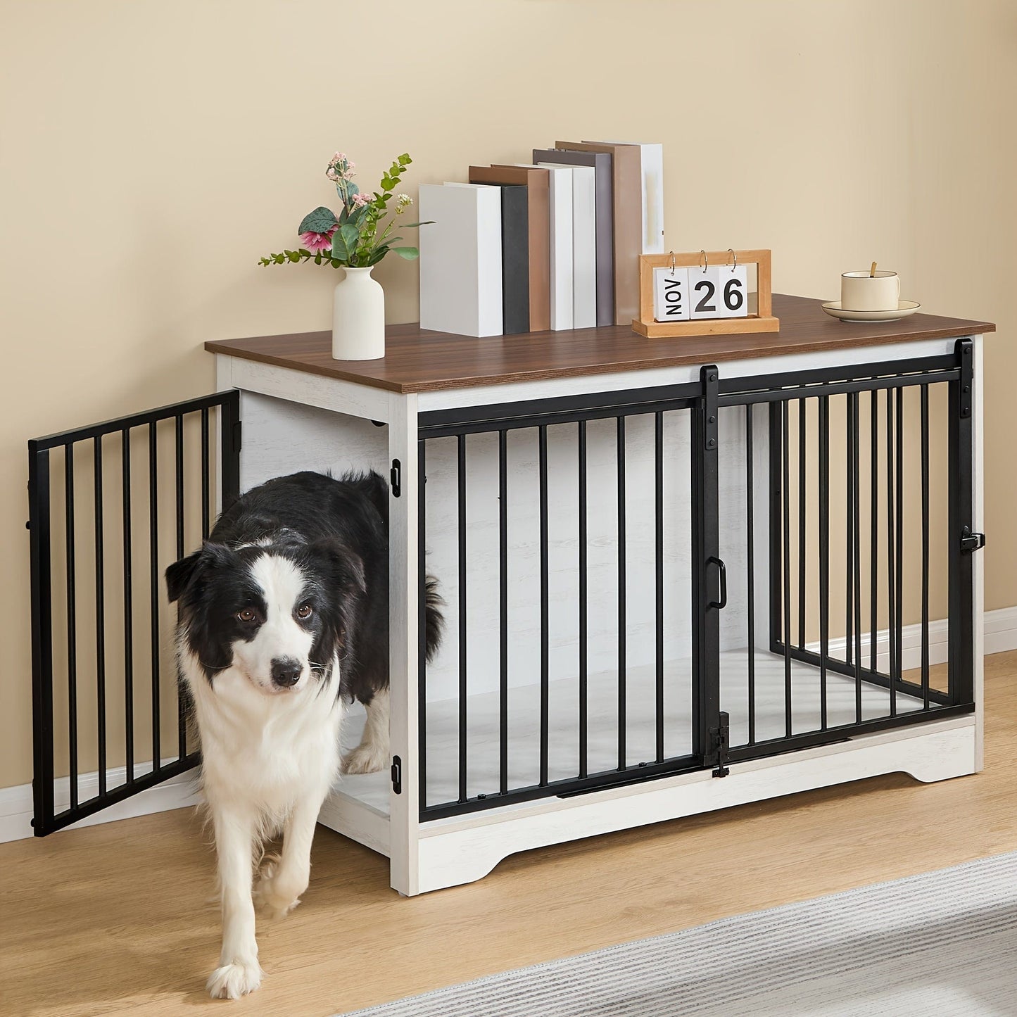 Meuble cage pour chien design – Niche intérieure bois blanc & brun 100 cm