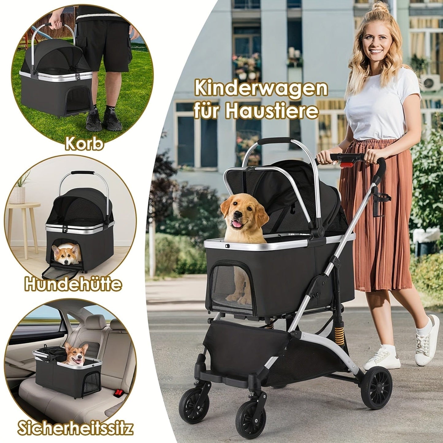 Poussette pliable 3-en-1 pour chats & petits chiens – Jusqu’à 20 kg