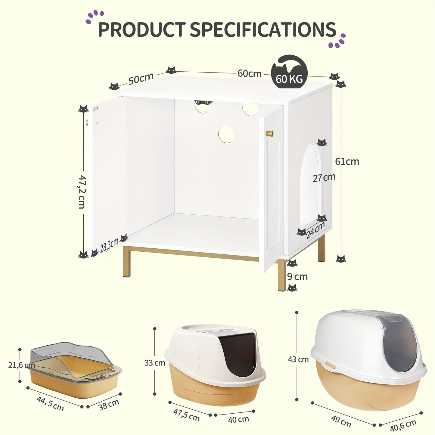 Meuble cache-litière design – Armoire pour chat blanche & dorée