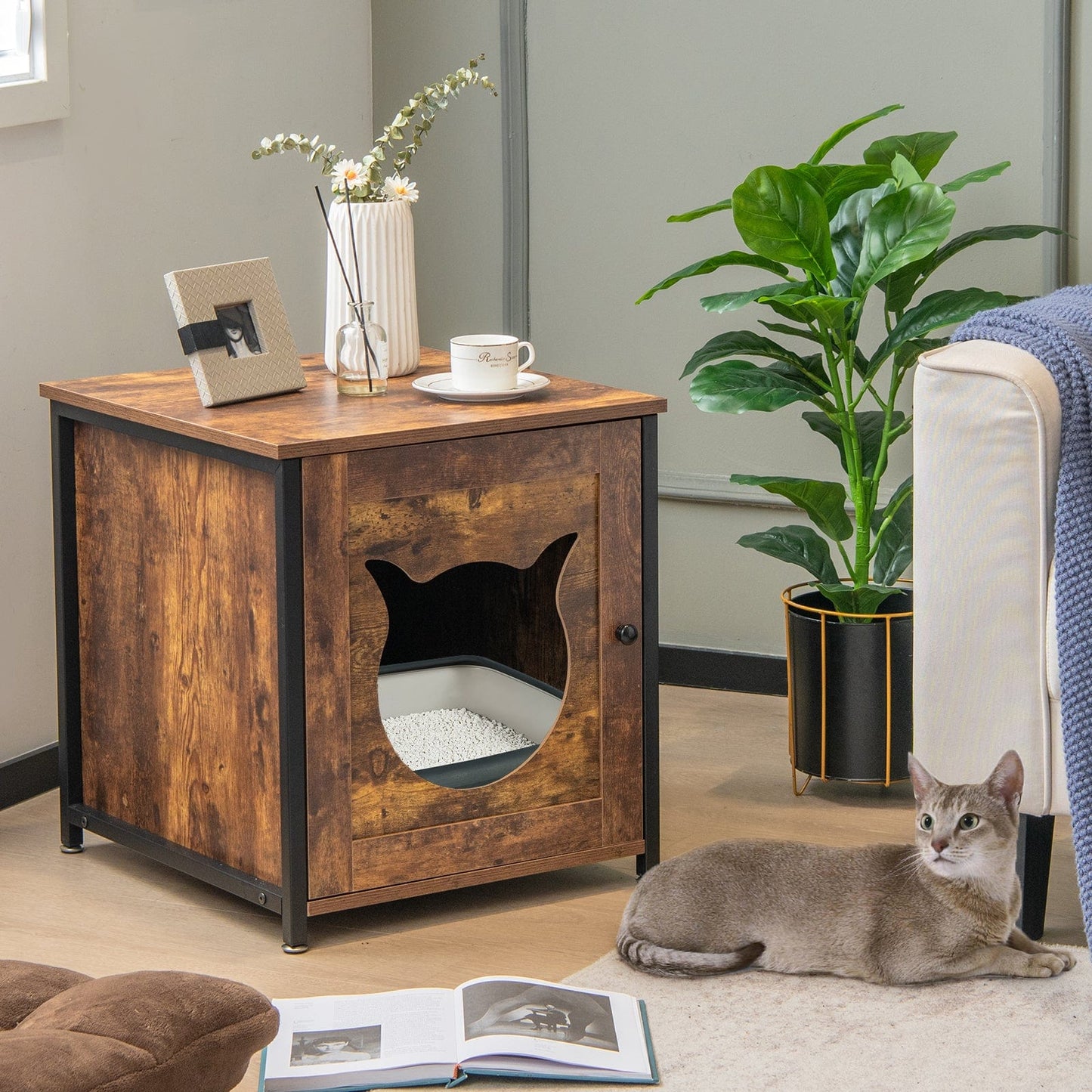 Meuble cache-litière design métal – Niche respirante & facile à nettoyer