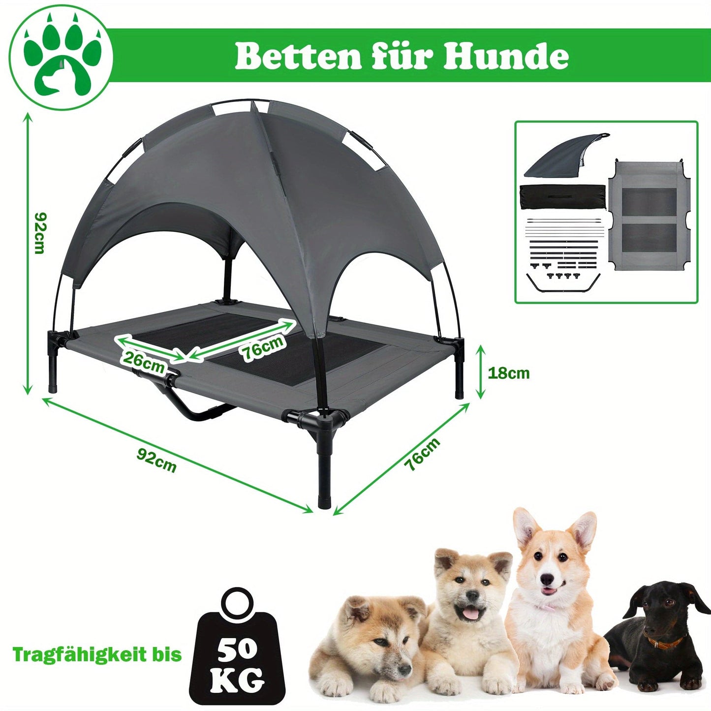Lit surélevé pour chien avec auvent – Couchage portable intérieur/extérieur