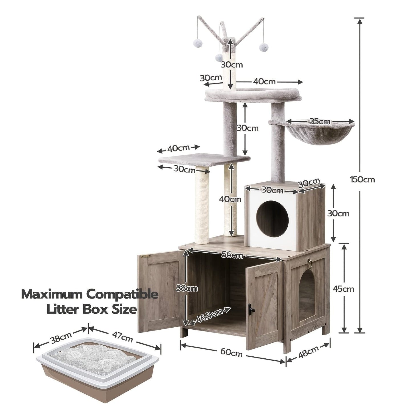 Arbre à chat 2-en-1 150 cm – Poteaux griffoirs & meuble cache-litière