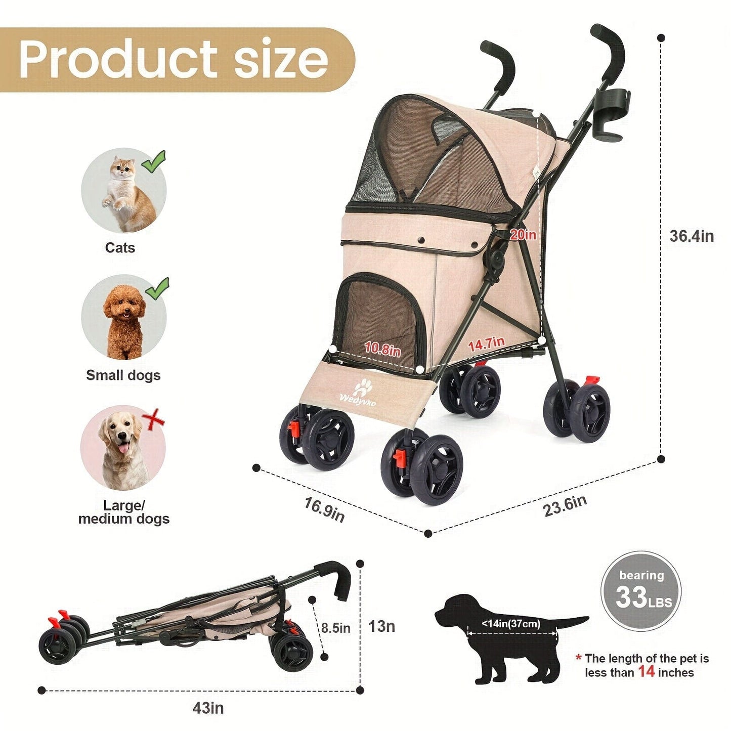 Poussette légère & portable pour chien & chat – Jusqu’à 15 kg