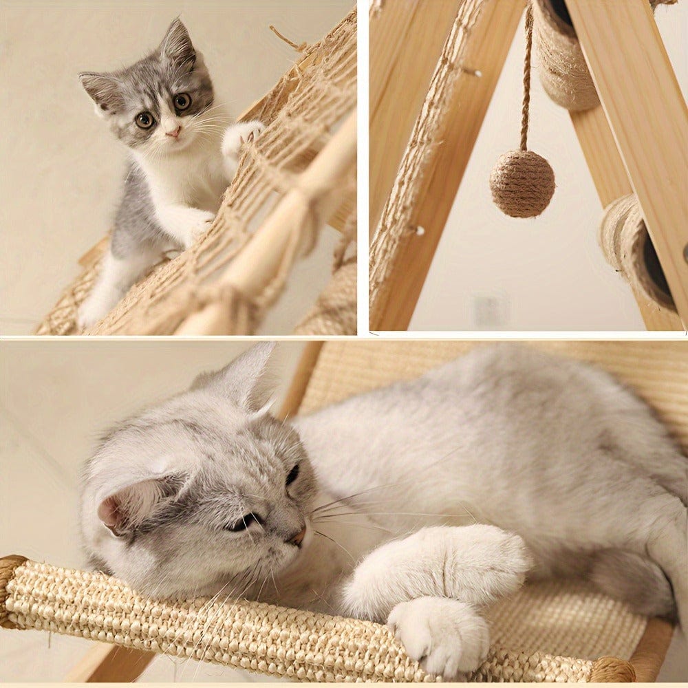 Arbre à chat multi-niveaux bois – Lit douillet & poteaux à gratter