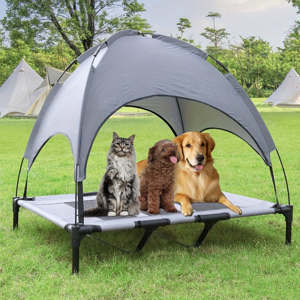 Lit surélevé pour chien avec auvent – Couchage portable intérieur/extérieur