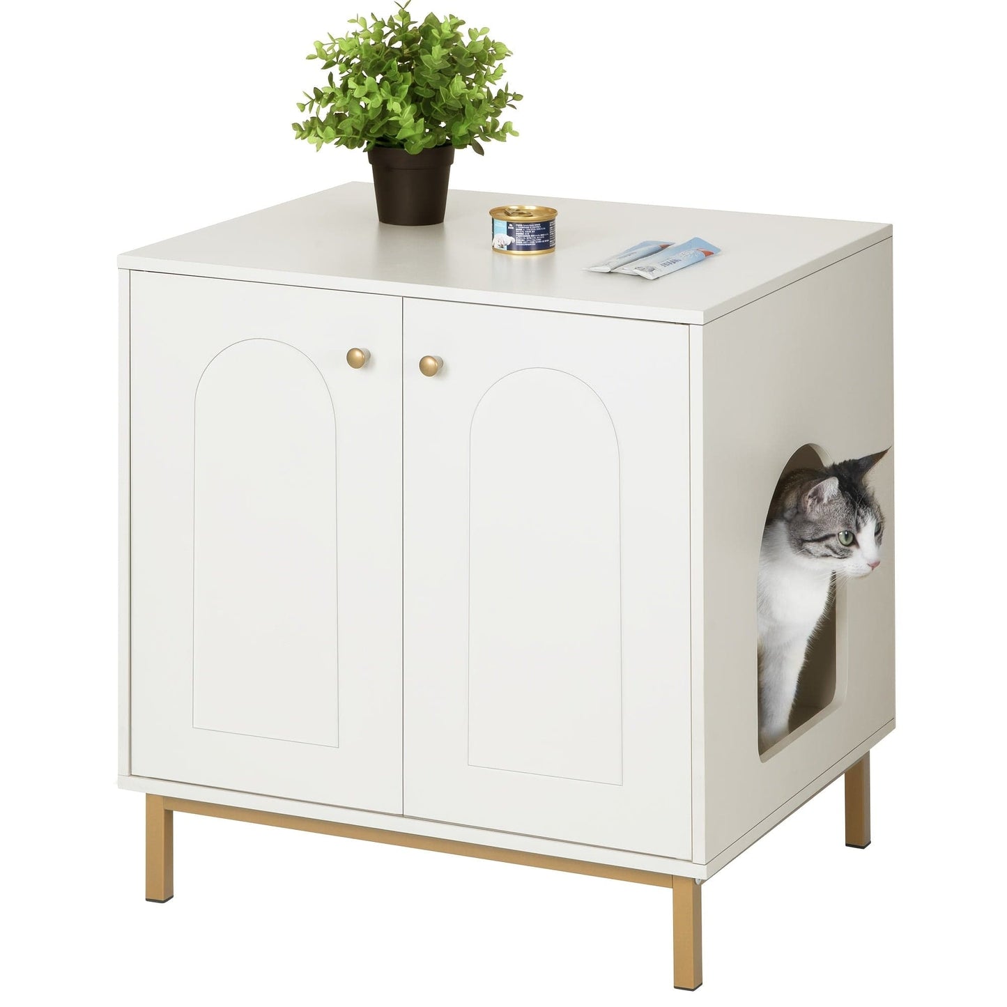 Meuble cache-litière design – Armoire pour chat blanche & dorée