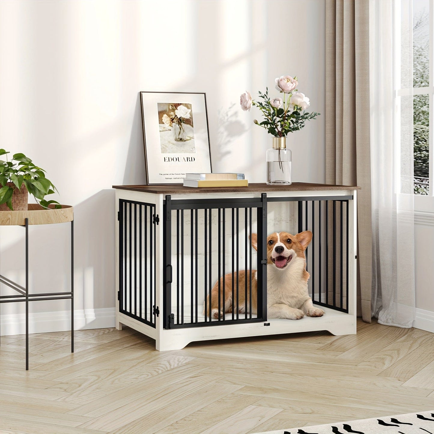 Meuble cage pour chien design – Niche intérieure bois blanc & brun 100 cm