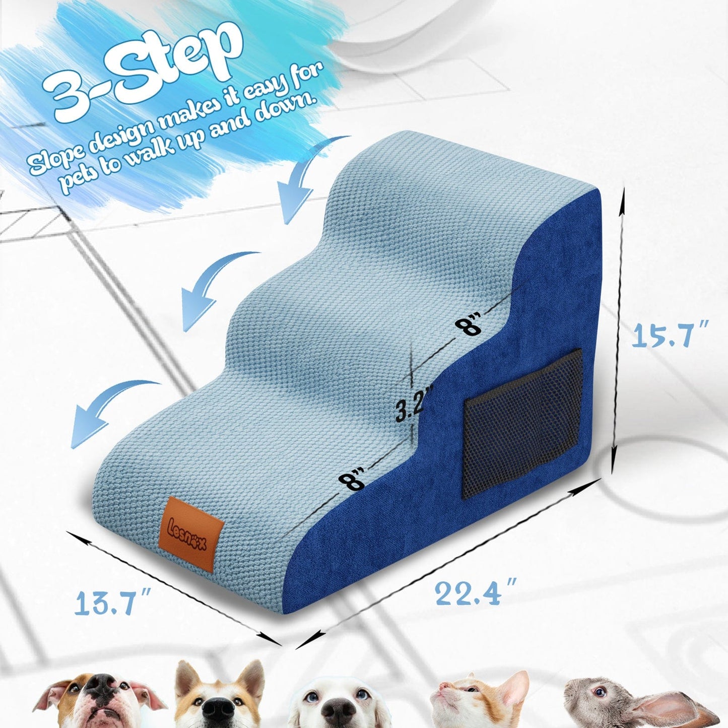 Escaliers 3 marches pour chien – Housse lavable & antidérapante