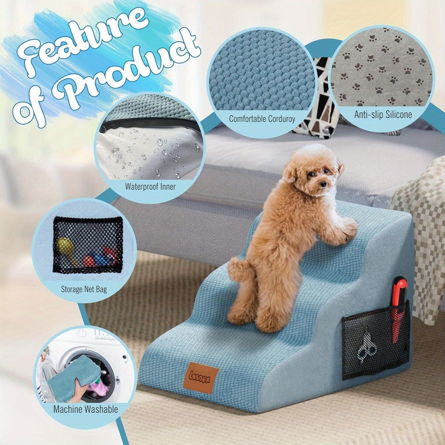 Escaliers 3 marches pour chien – Housse lavable & antidérapante