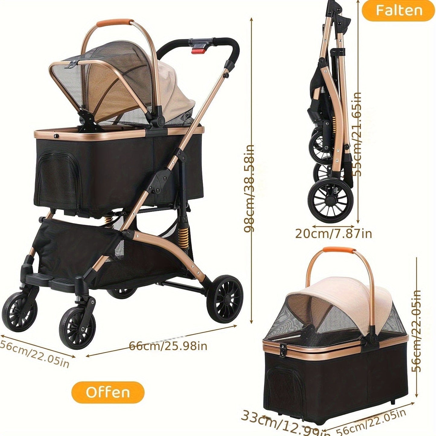 Poussette pliable 3-en-1 pour chats & petits chiens – Jusqu’à 20 kg