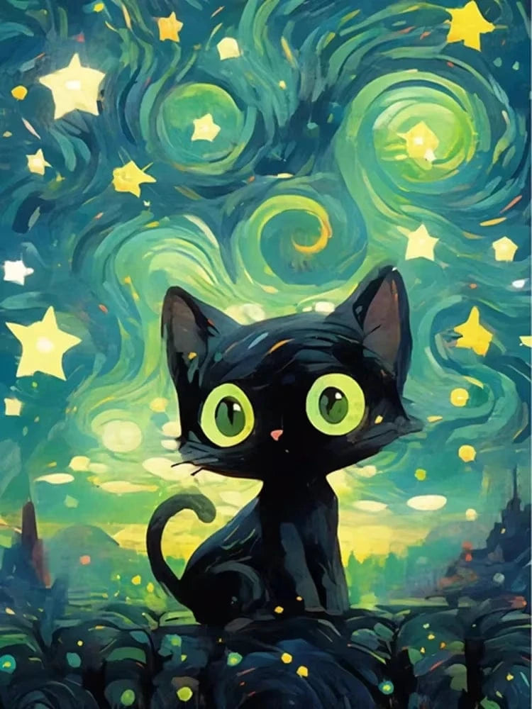 Peinture artistique ciel et chat noir – Décoration maison salon bar PawLuxe™