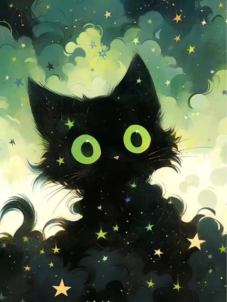 Peinture artistique ciel et chat noir – Décoration maison salon bar PawLuxe™
