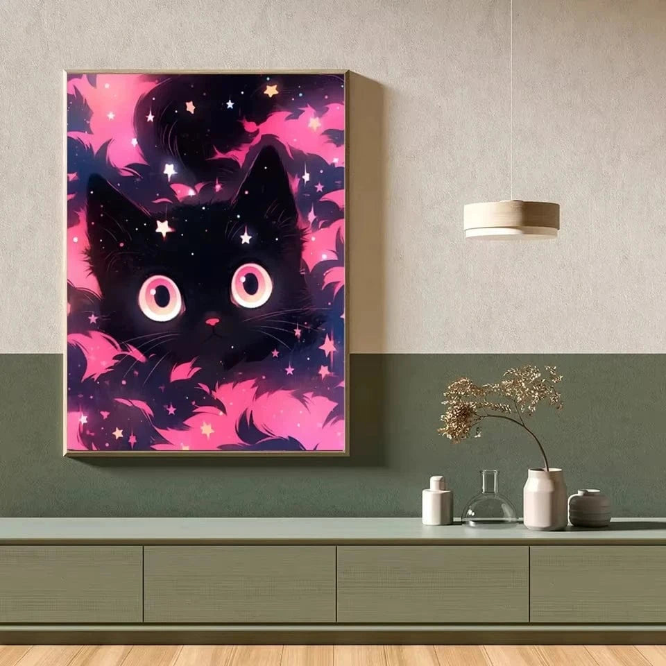 Peinture artistique ciel et chat noir – Décoration maison salon bar PawLuxe™