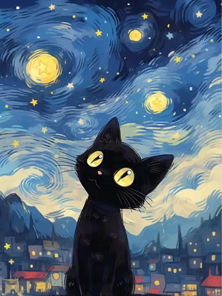 Peinture artistique ciel et chat noir – Décoration maison salon bar PawLuxe™