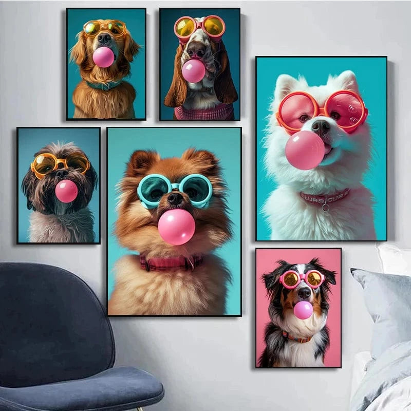 Affiche chien coloré Bubblegum – Samoyède, bouledogue, Corgi déco murale PawLuxe™