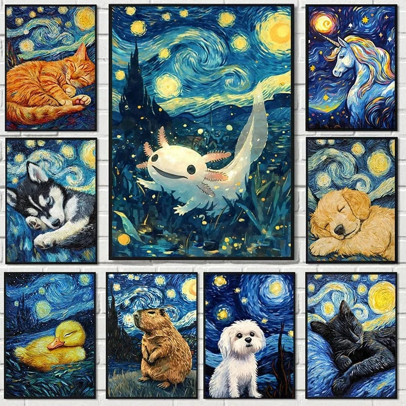 Affiche animaux mignons nuit étoilée – Art mural abstrait déco salon PawLuxe™