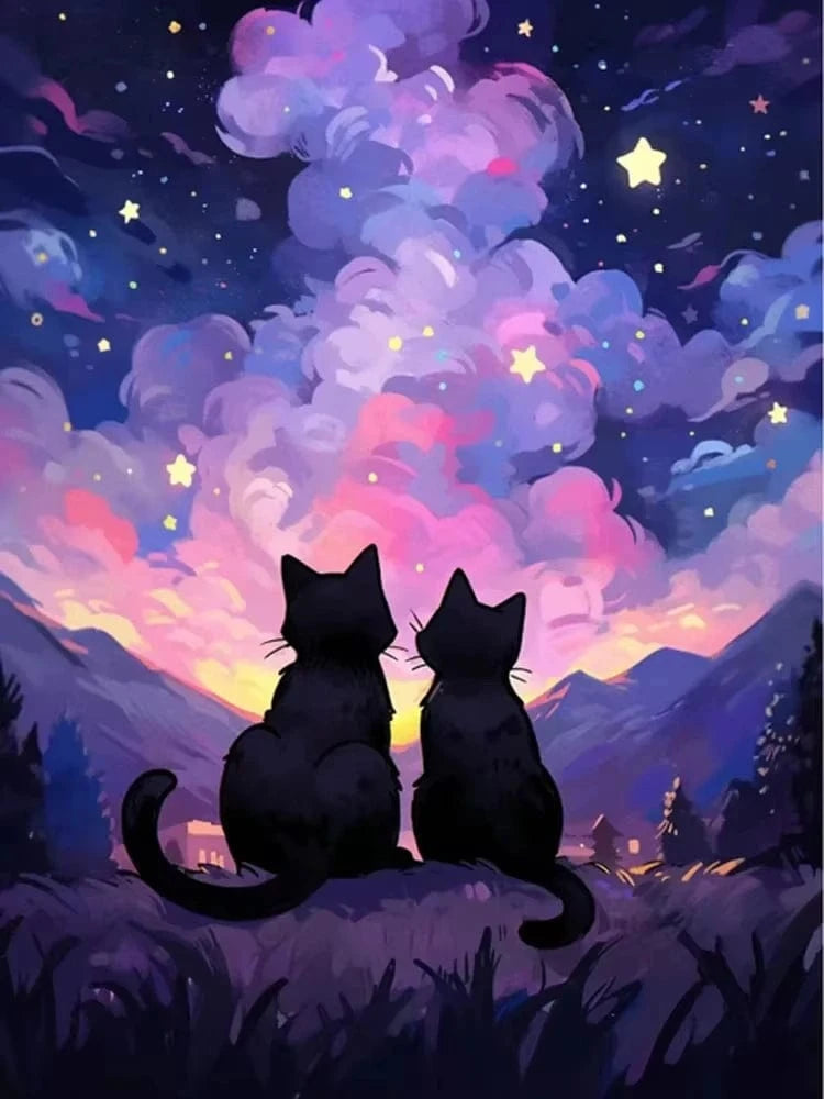 Peinture artistique ciel et chat noir – Décoration maison salon bar PawLuxe™