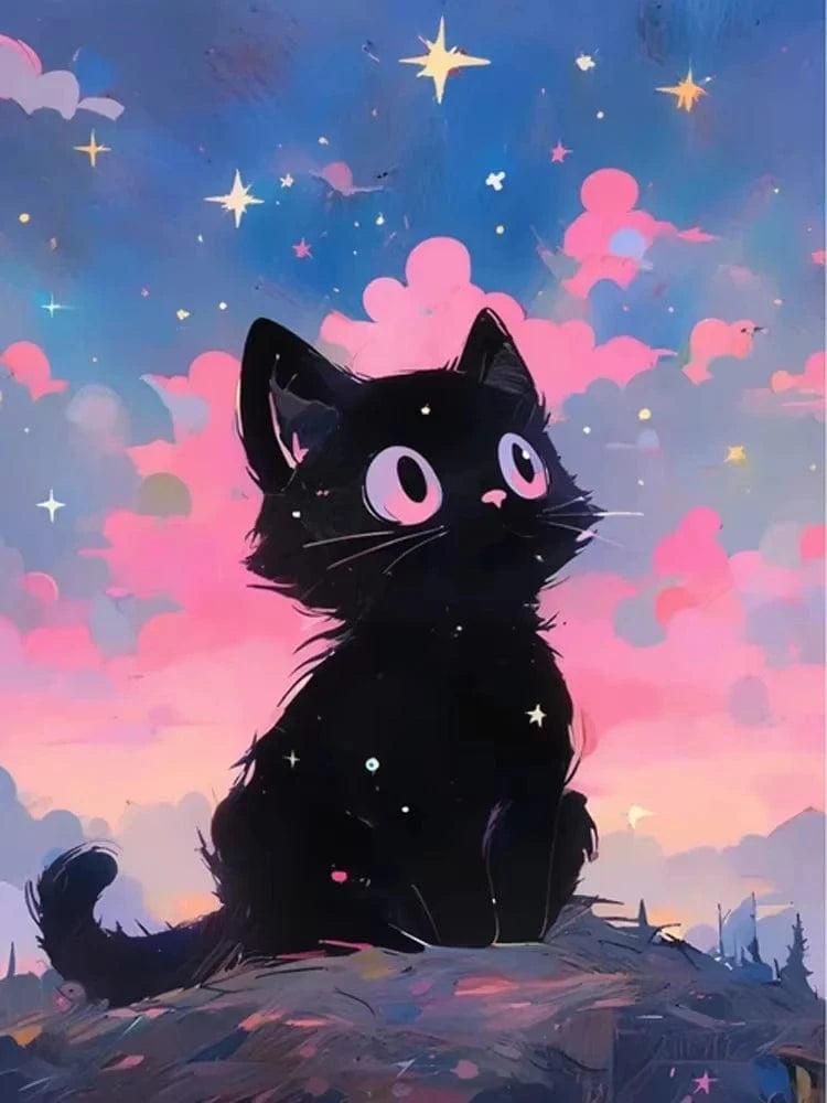 Peinture artistique ciel et chat noir – Décoration maison salon bar PawLuxe™