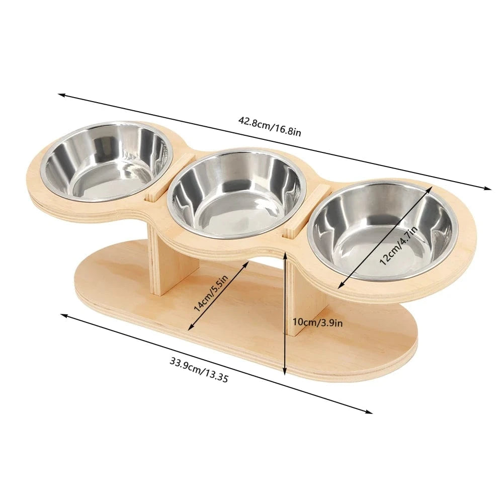 Mangeoire 3-en-1 pour chat & chiot – Bols inox surélevés avec support bois