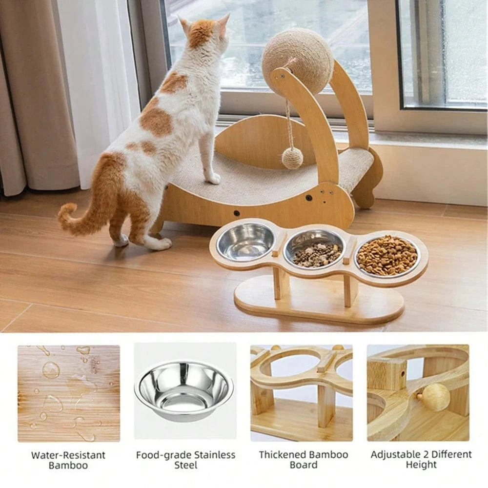 Mangeoire 3-en-1 pour chat & chiot – Bols inox surélevés avec support bois
