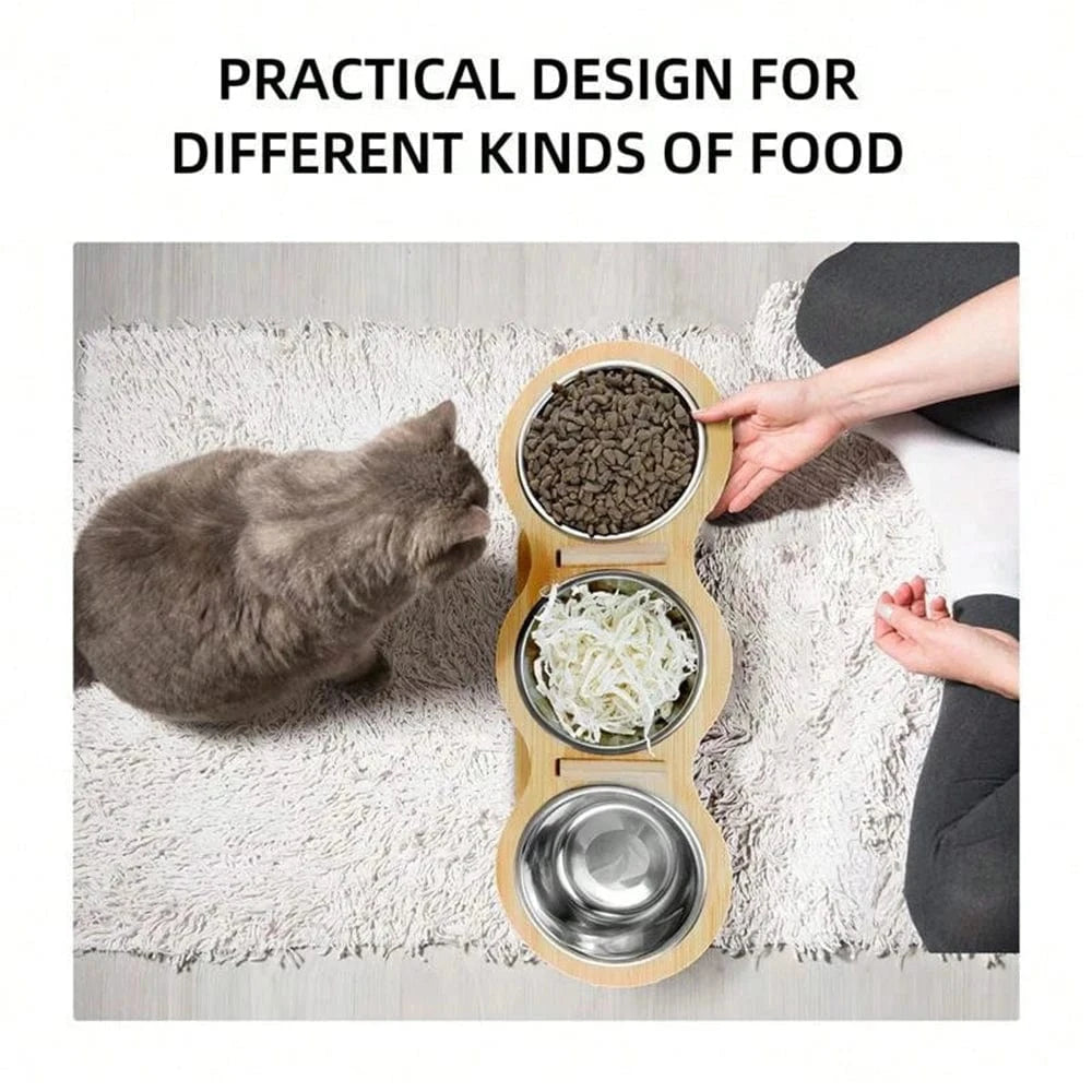 Mangeoire 3-en-1 pour chat & chiot – Bols inox surélevés avec support bois