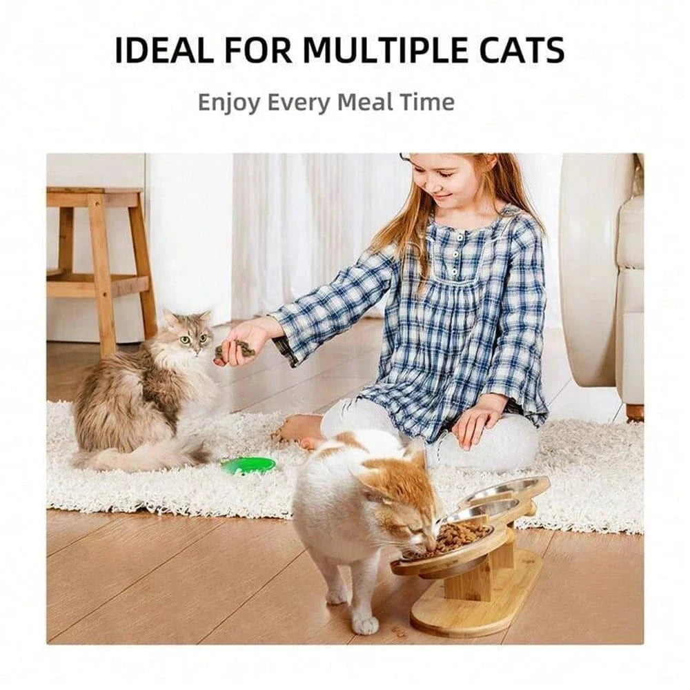 Mangeoire 3-en-1 pour chat & chiot – Bols inox surélevés avec support bois