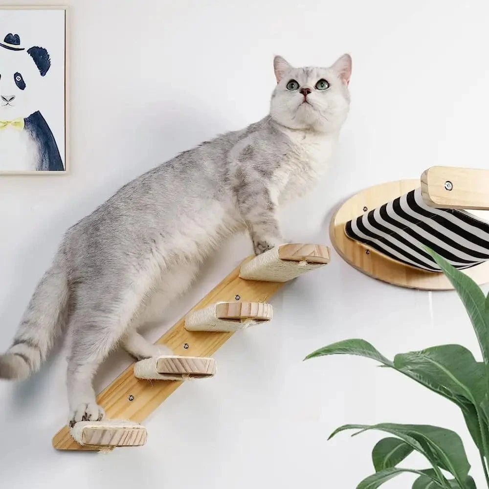 Hamac mural d'escalade pour chat, poteau à gratter pour meubles en bois, marches d'échelle, chats dormant et jouant