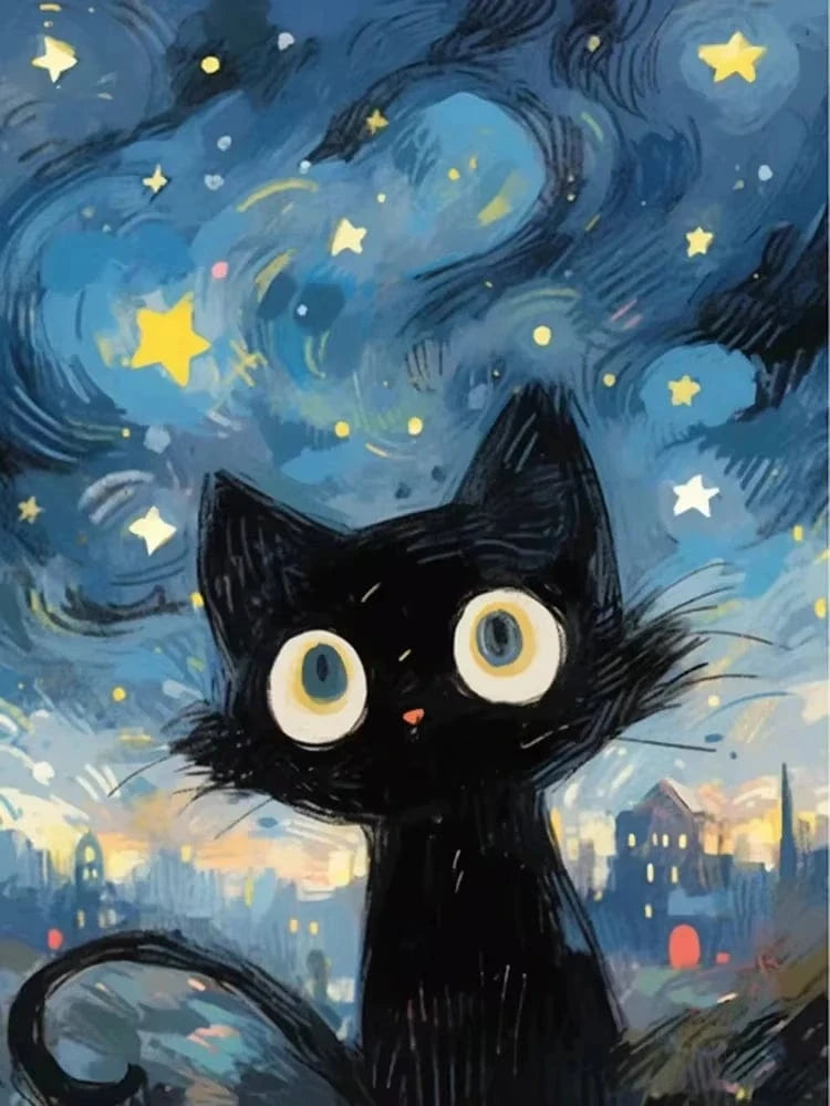 Peinture artistique ciel et chat noir – Décoration maison salon bar PawLuxe™