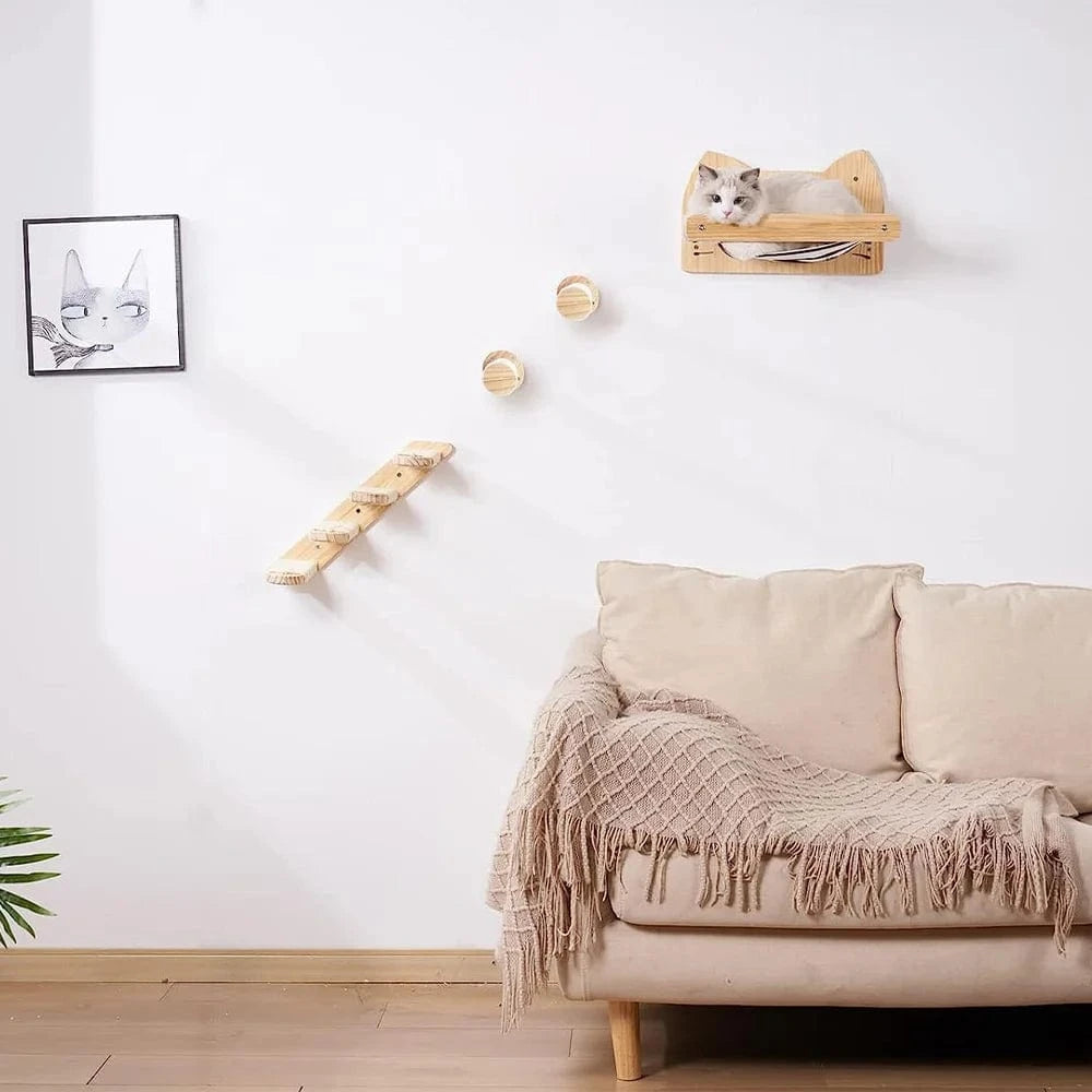 Hamac mural d'escalade pour chat, poteau à gratter pour meubles en bois, marches d'échelle, chats dormant et jouant