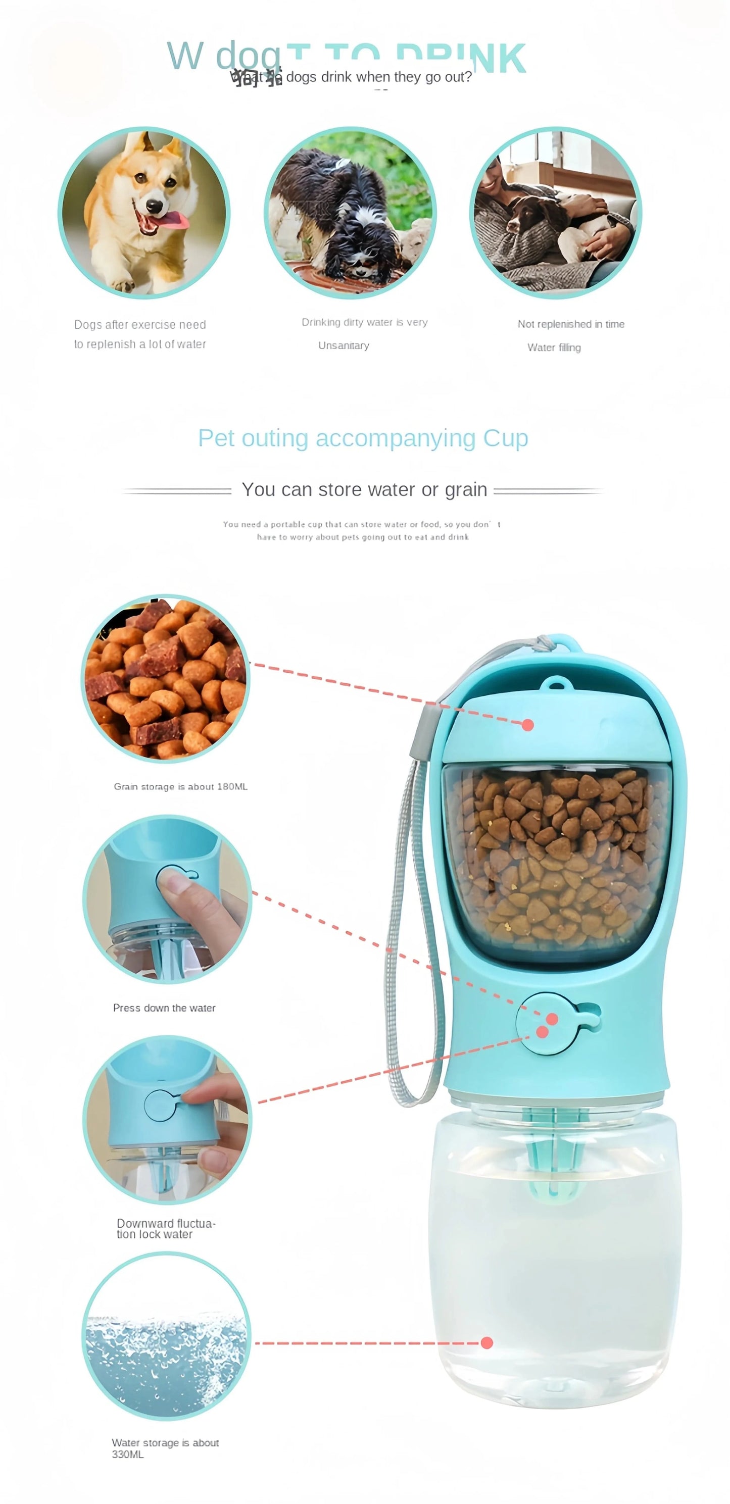 Bouteille d'eau portable 2-en-1 pour chiens et chats – Voyage outdoor