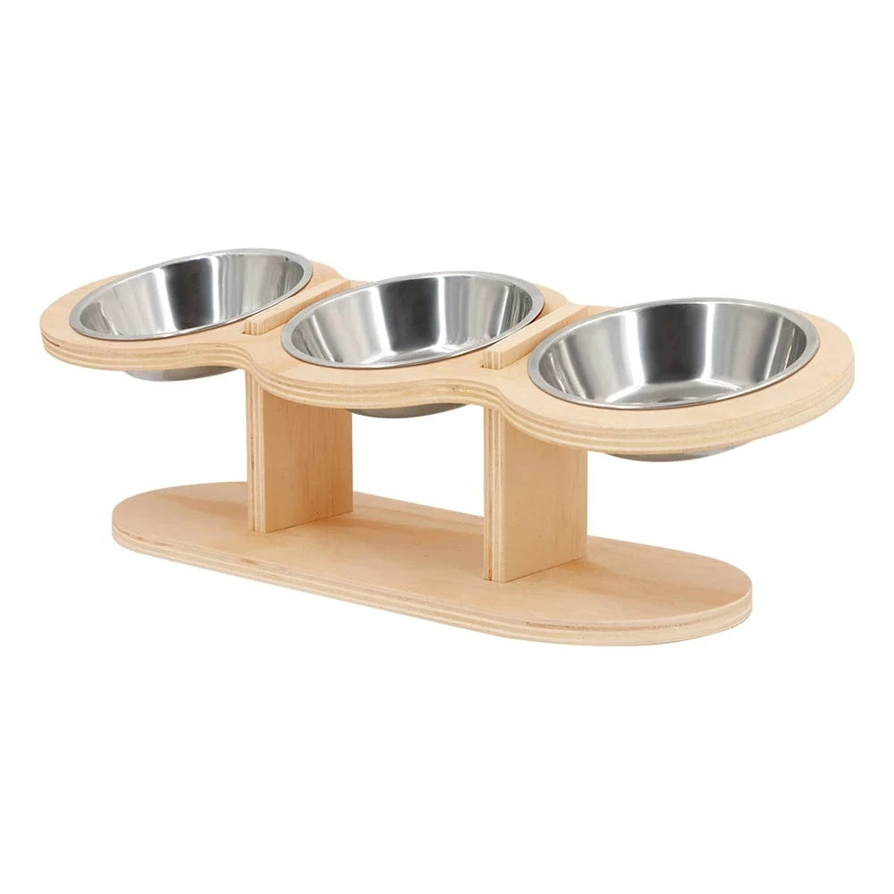 Mangeoire 3-en-1 pour chat & chiot – Bols inox surélevés avec support bois