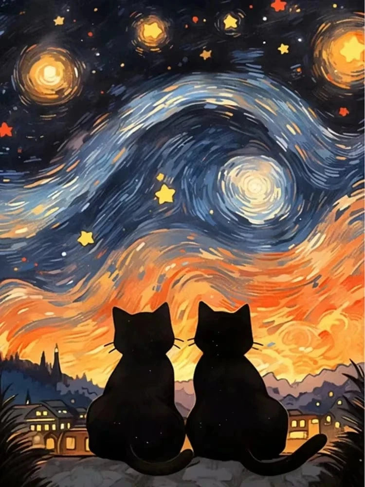 Peinture artistique ciel et chat noir – Décoration maison salon bar PawLuxe™