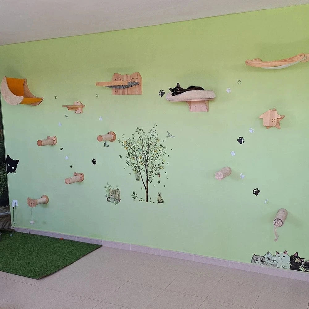 Hamac mural d'escalade pour chat, poteau à gratter pour meubles en bois, marches d'échelle, chats dormant et jouant