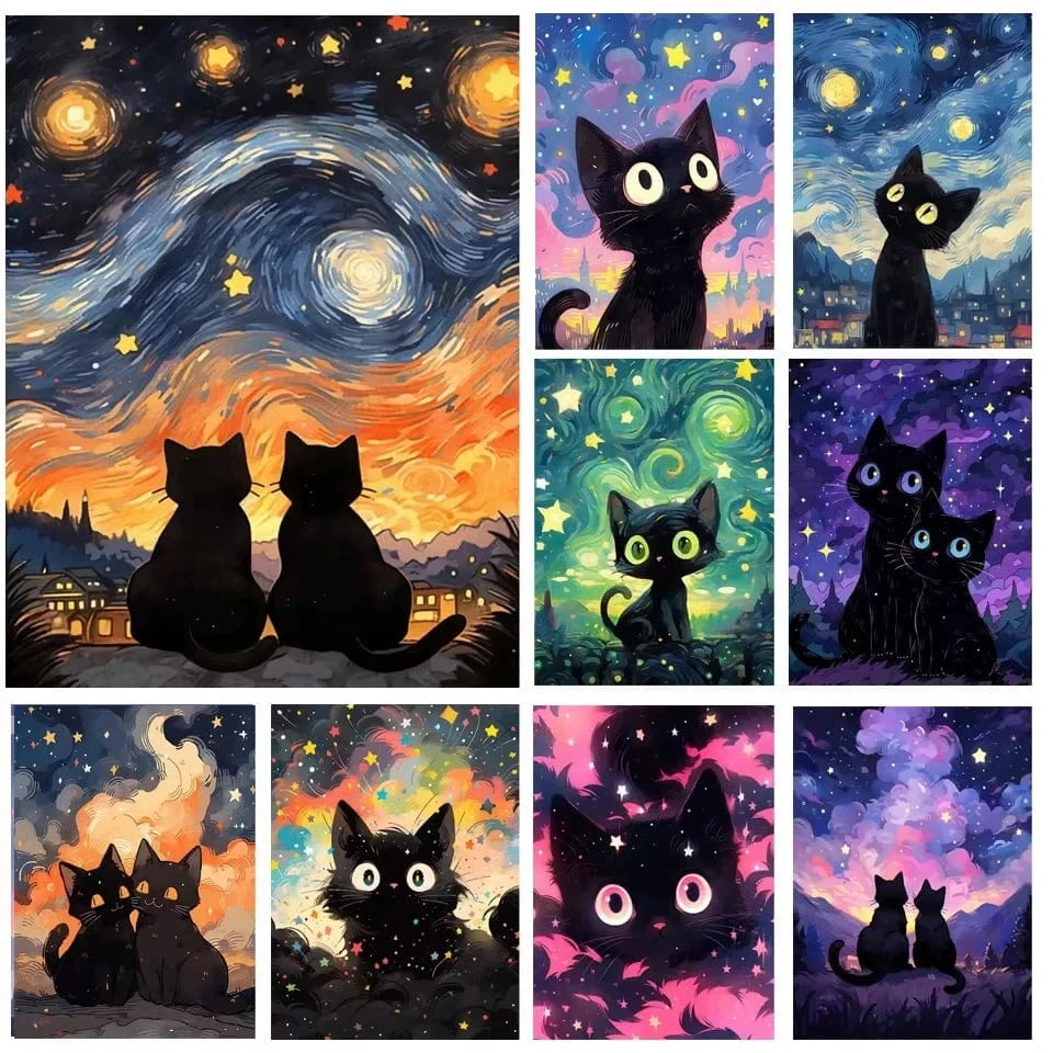 Peinture artistique ciel et chat noir – Décoration maison salon bar PawLuxe™