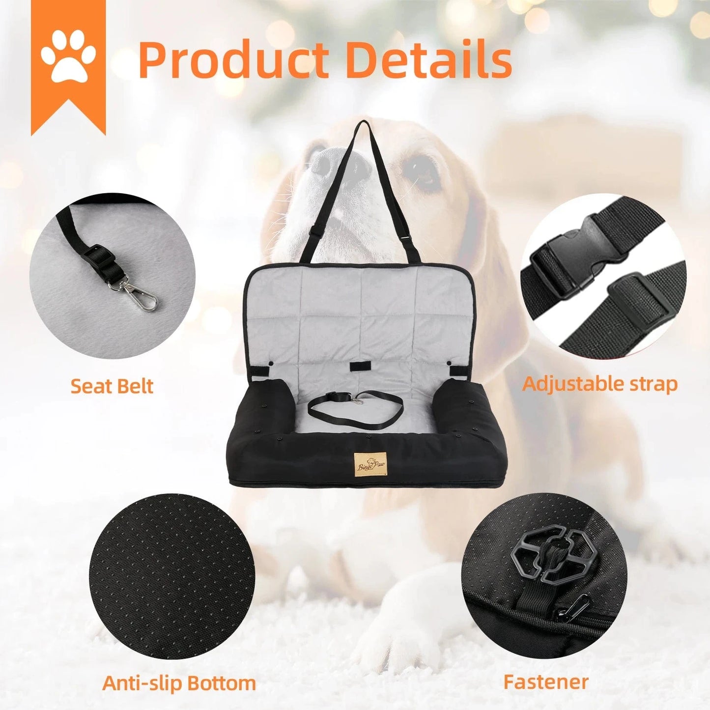 Siège de voiture portable pour chien – Rehausseur étanche avec ceinture