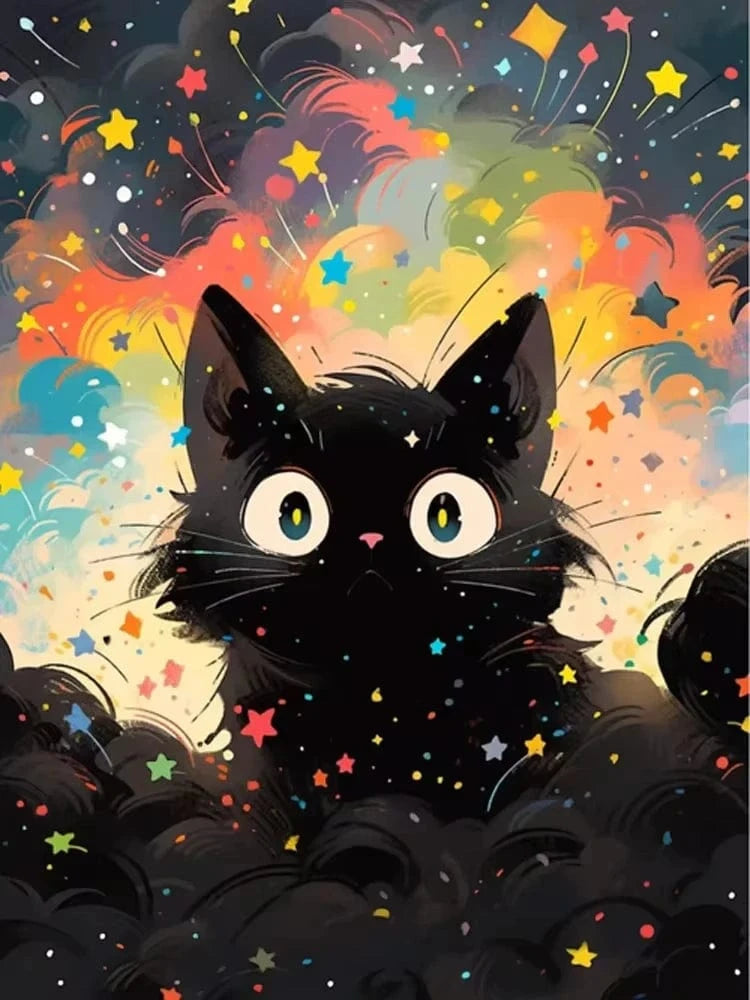 Peinture artistique ciel et chat noir – Décoration maison salon bar PawLuxe™