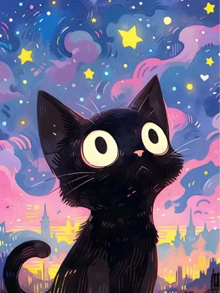 Peinture artistique ciel et chat noir – Décoration maison salon bar PawLuxe™
