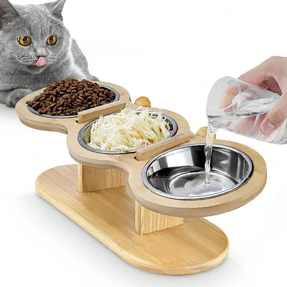 Mangeoire 3-en-1 pour chat & chiot – Bols inox surélevés avec support bois