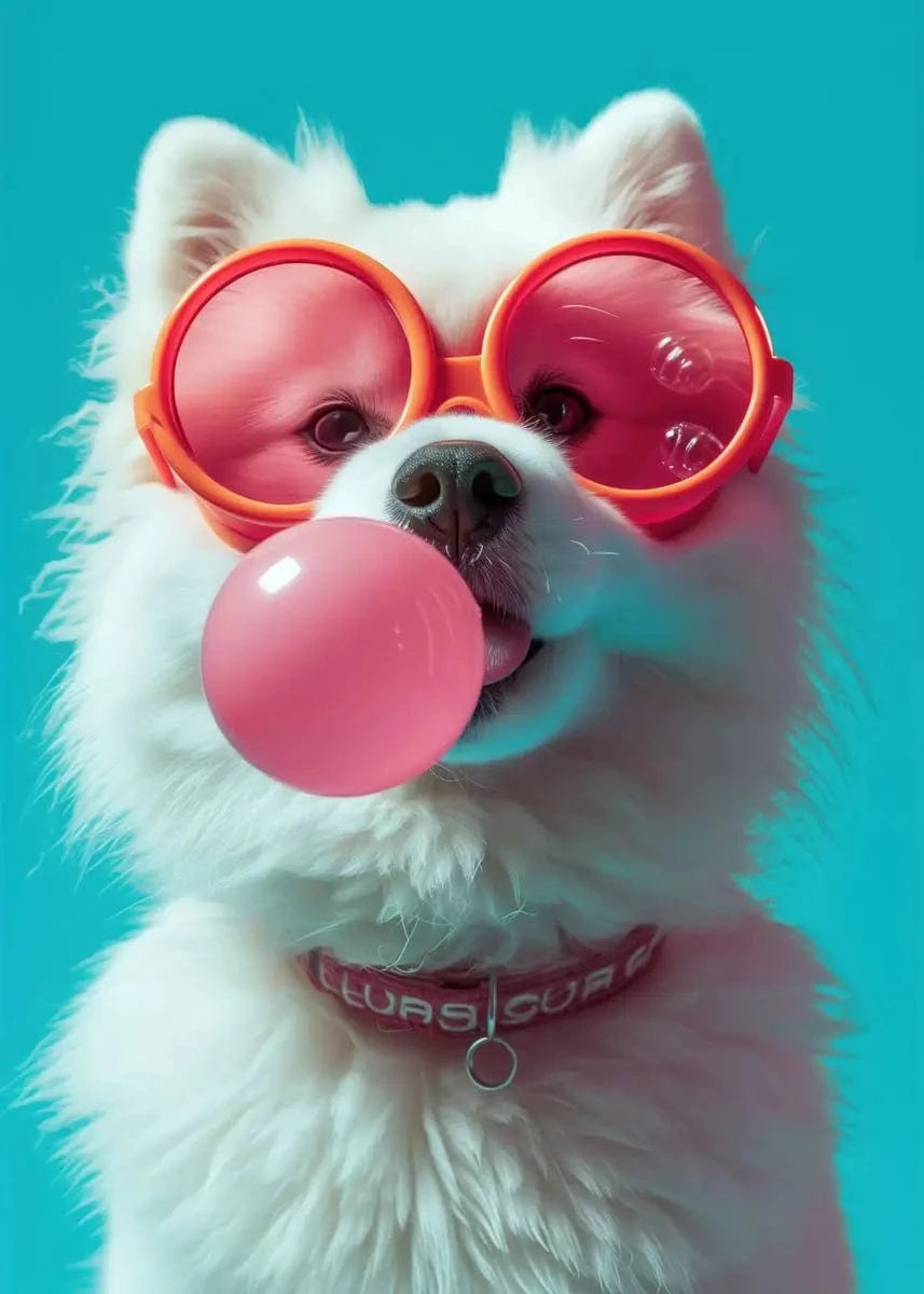 Affiche chien coloré Bubblegum – Samoyède, bouledogue, Corgi déco murale PawLuxe™