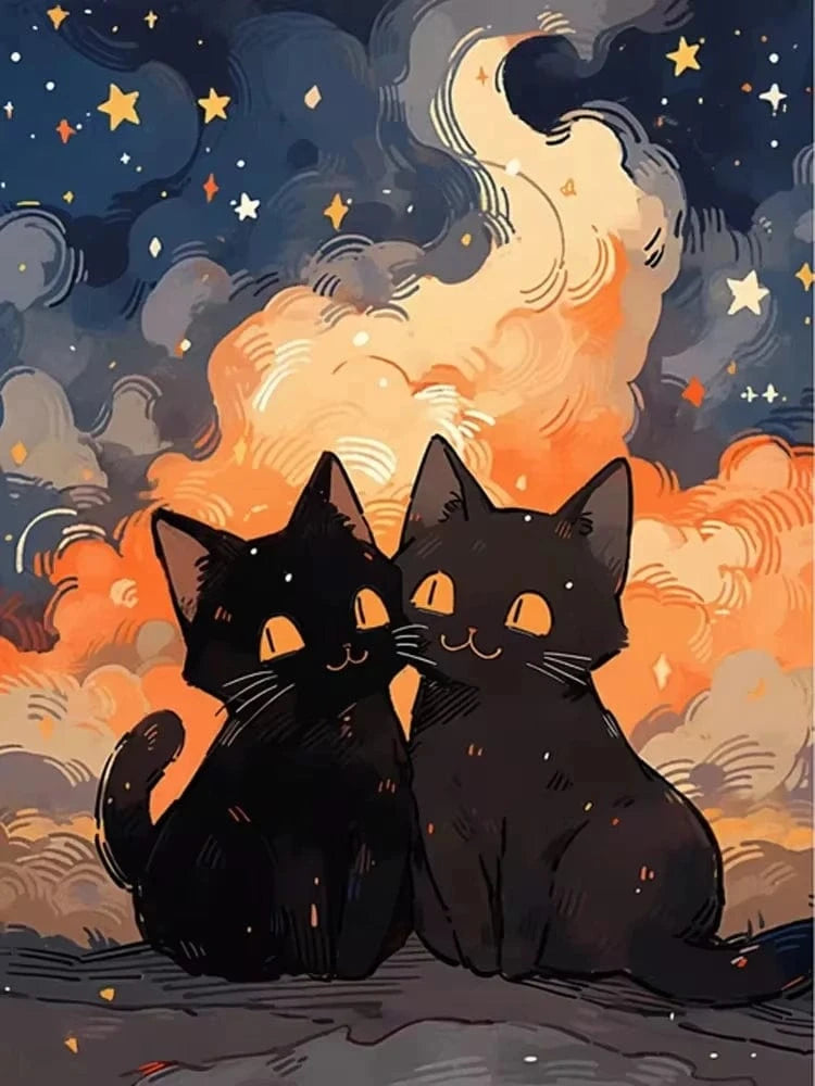 Peinture artistique ciel et chat noir – Décoration maison salon bar PawLuxe™