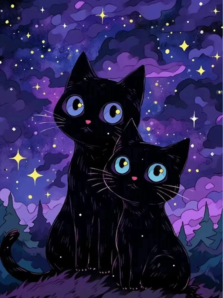 Peinture artistique ciel et chat noir – Décoration maison salon bar PawLuxe™