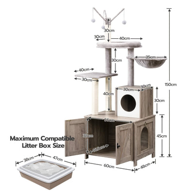 Arbre à chat 2-en-1 150 cm – Poteaux griffoirs & meuble cache-litière Gris One PETS-TOP