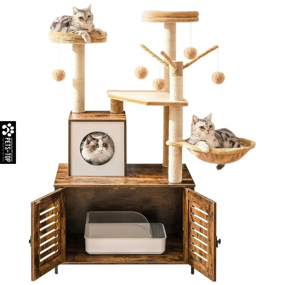 Arbre à chat 2-en-1 avec cache-litière – Tour multifonction 132 cm Marron One PETS-TOP