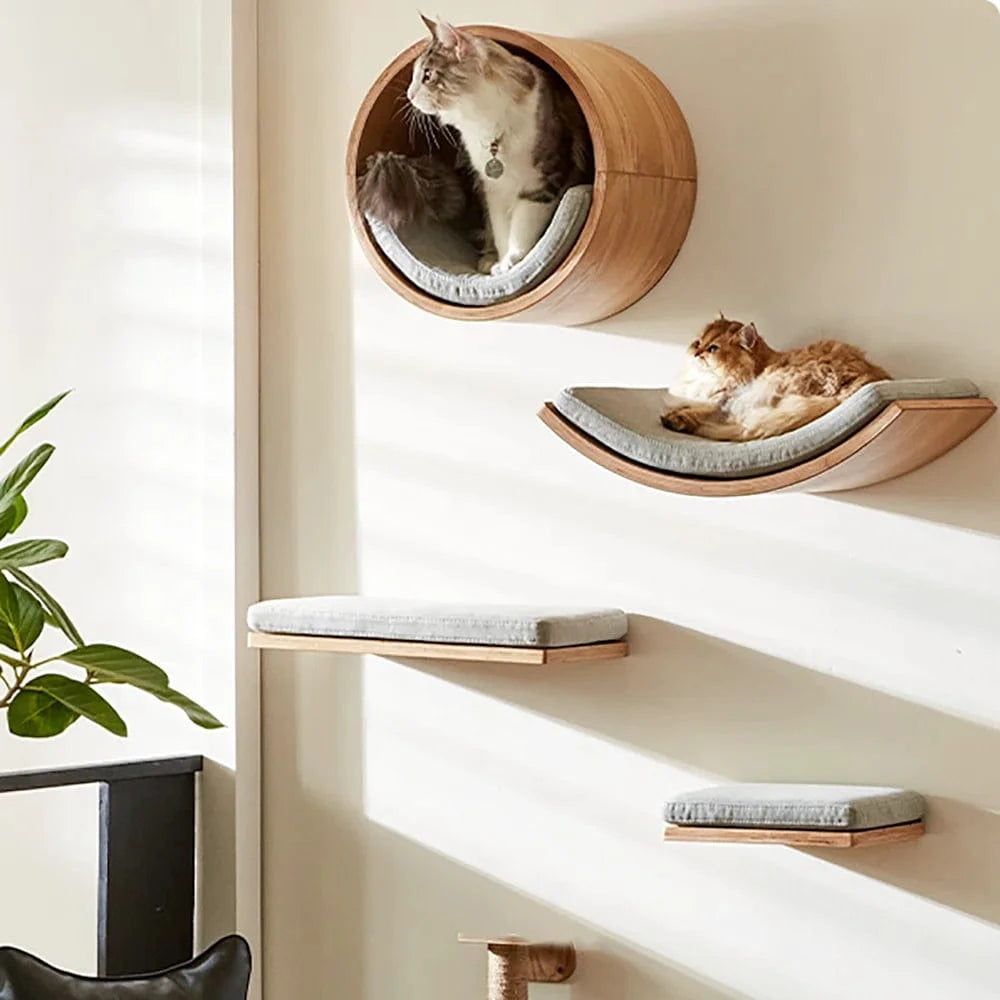 Arbre à chat mural – Étageres bois, griffoirs, hamac et perchoirs solides One PETS-TOP