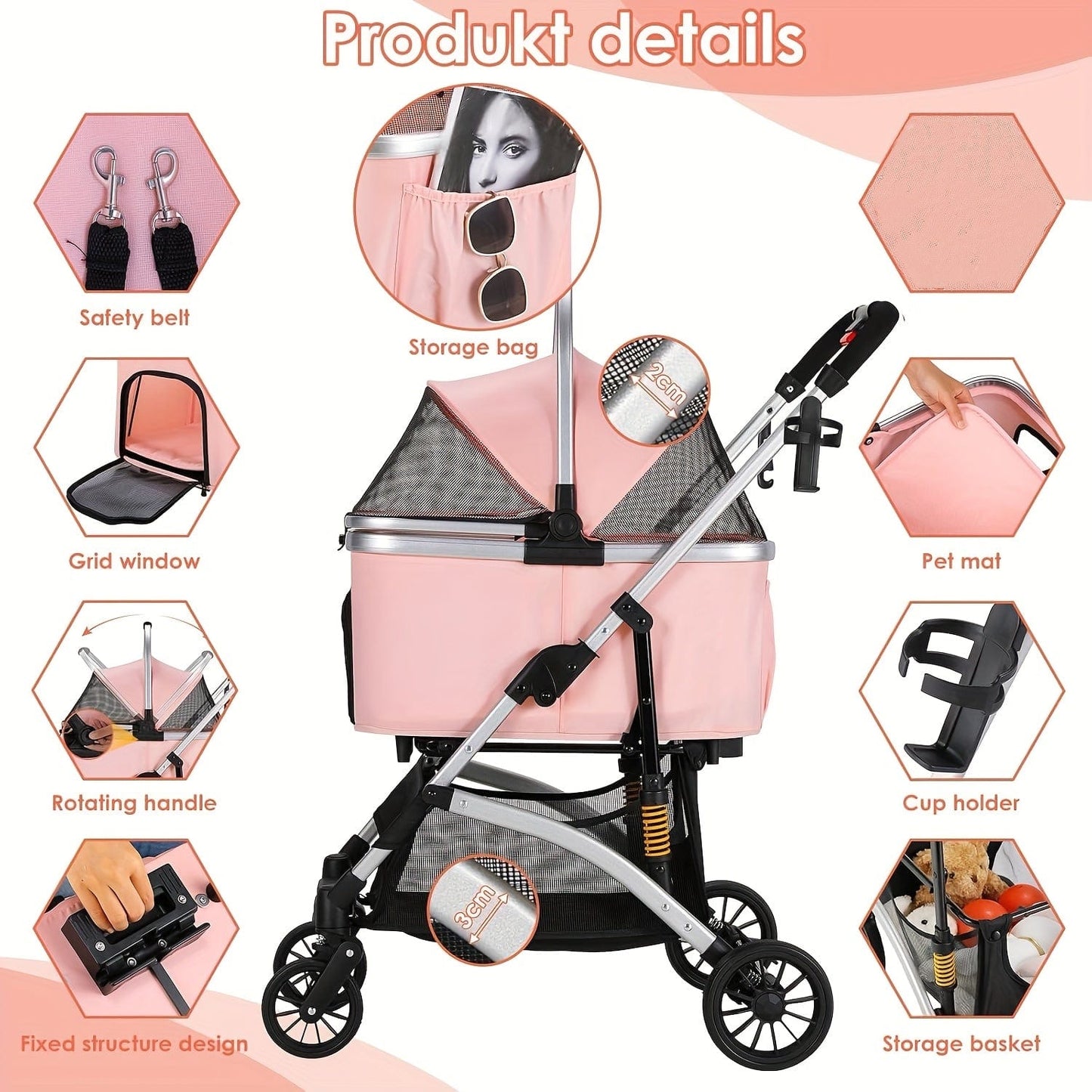Poussette pliable 3-en-1 pour chats & petits chiens – Jusqu’à 20 kg