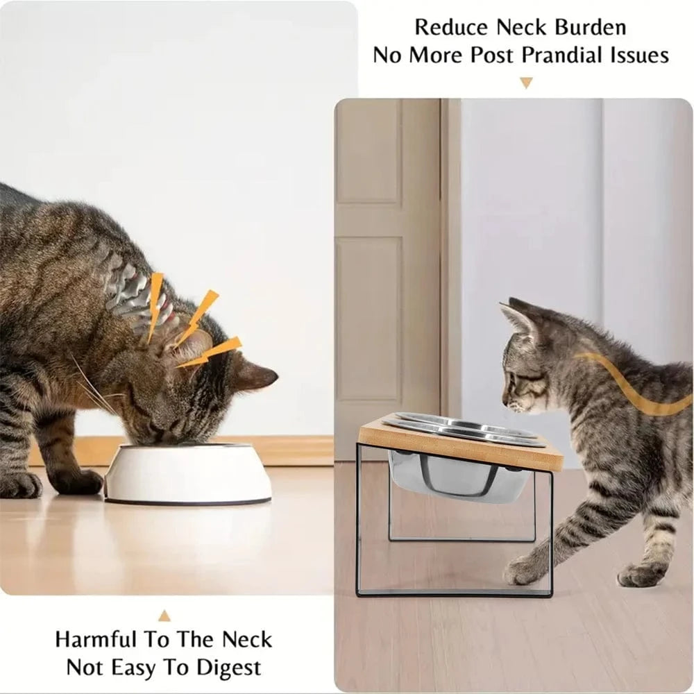 Bols surélevés 15° pour chat & chiot – Inclinés anti-vomissement avec support bois One PETS-TOP