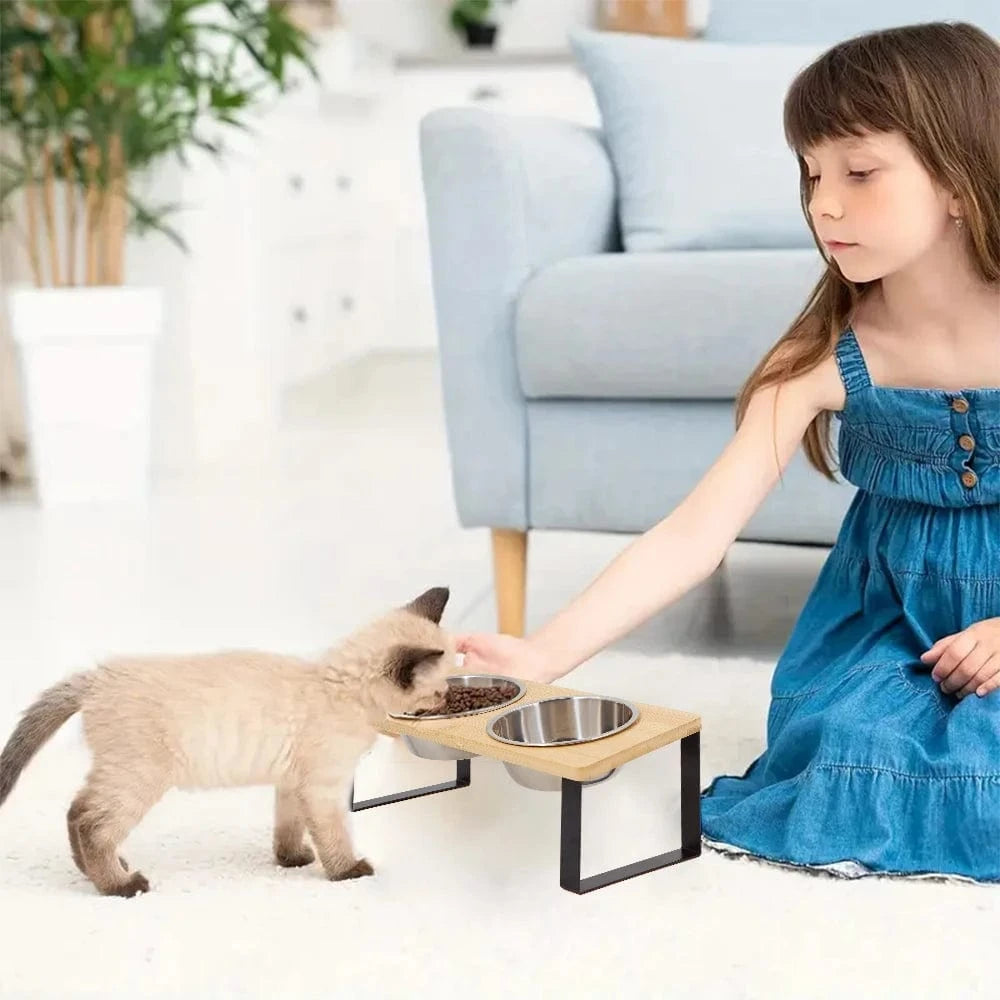 Bols surélevés 15° pour chat & chiot – Inclinés anti-vomissement avec support bois One PETS-TOP