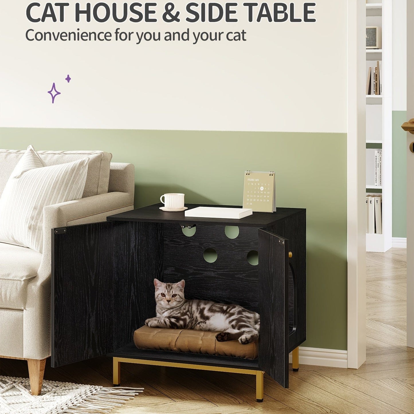 Meuble cache-litière design – Armoire pour chat blanche & dorée
