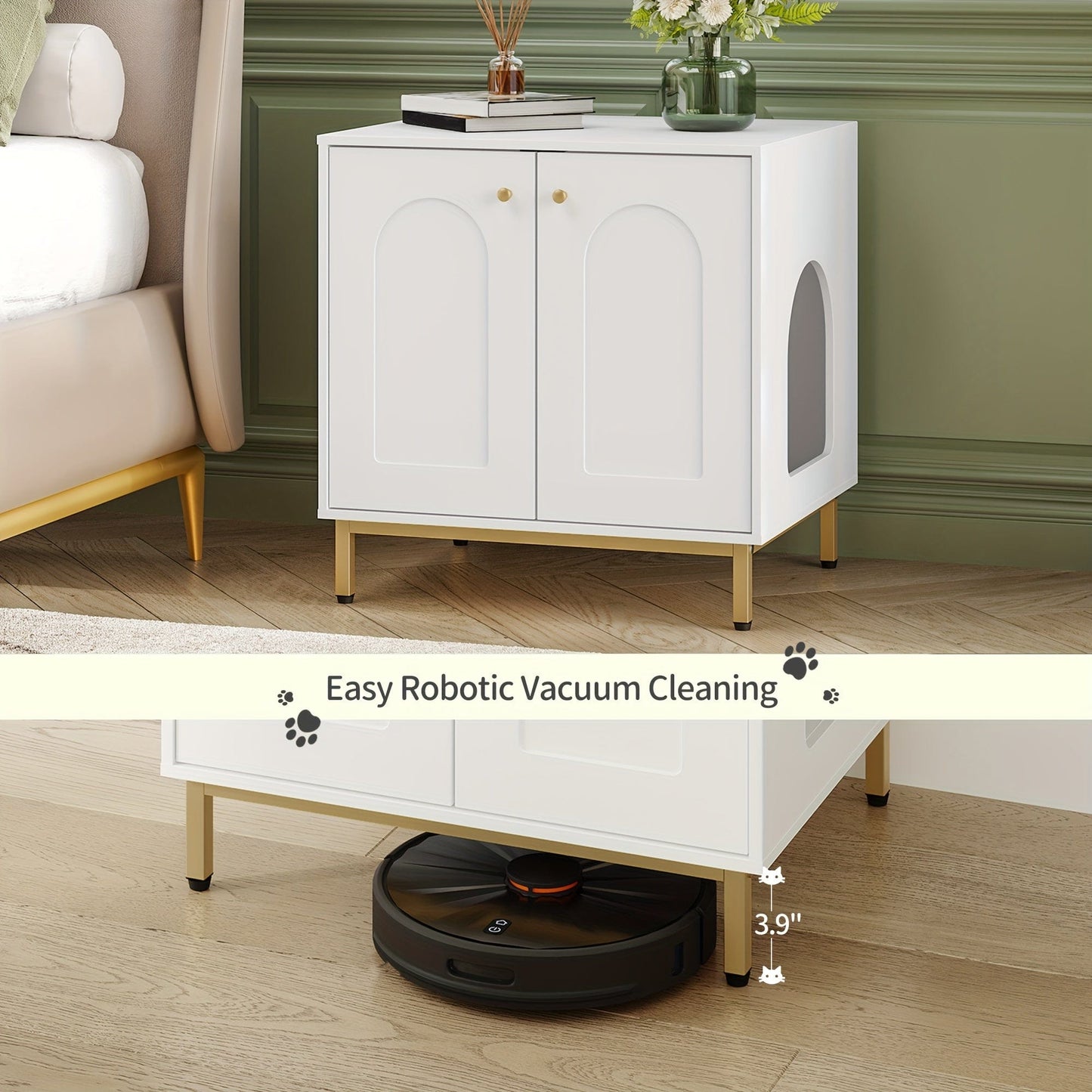 Meuble cache-litière design – Armoire pour chat blanche & dorée