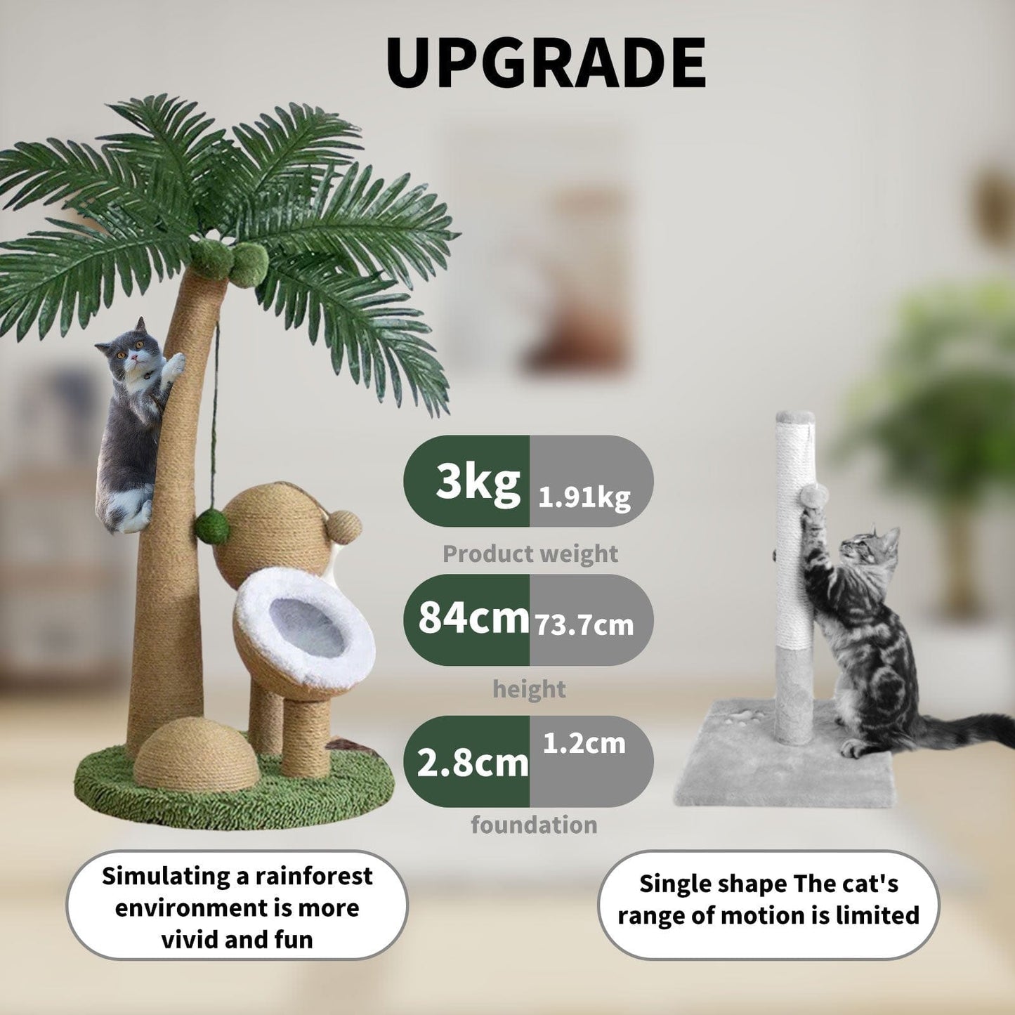 Arbre à chat palmier 82 cm – Poteau à gratter, jouets & nid douillet